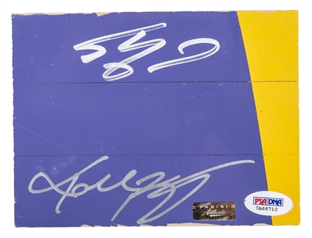 Kobe Bryant & Shaquille ONeal Dual Signed Staples Center Game Used Floor Piece (Panini & PSA/DNA)